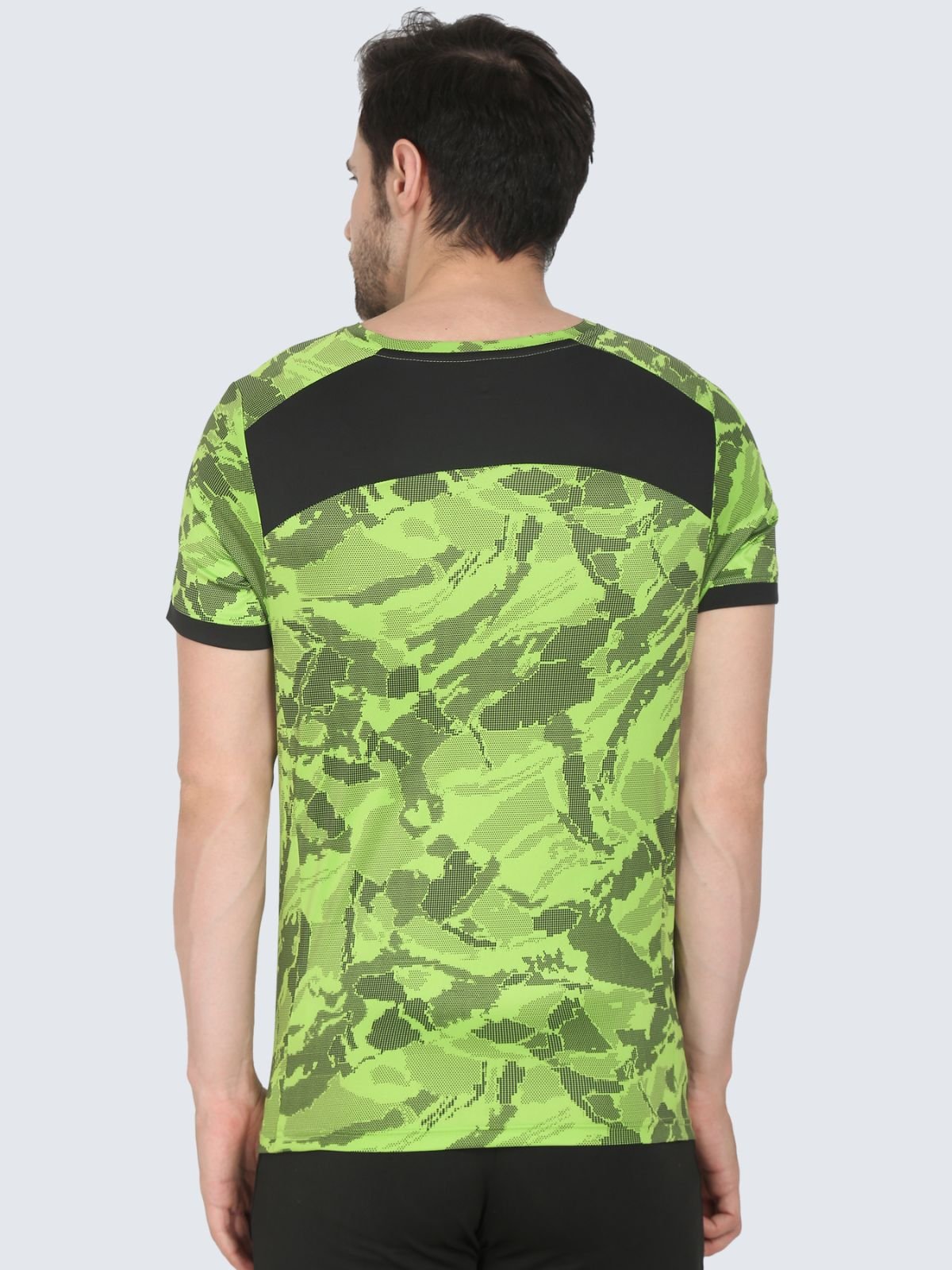 Back view of neon green camo T-shirt with black yoke panel on a white background