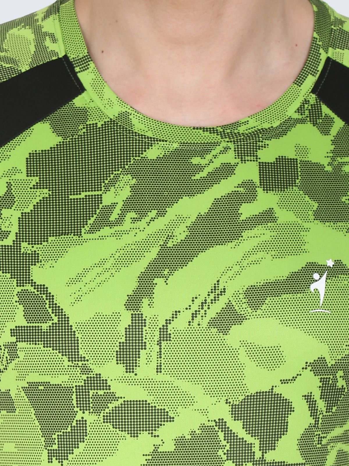 Close-up of neon green camo T-shirt showing collar, pattern and chest NDR SPORT logo