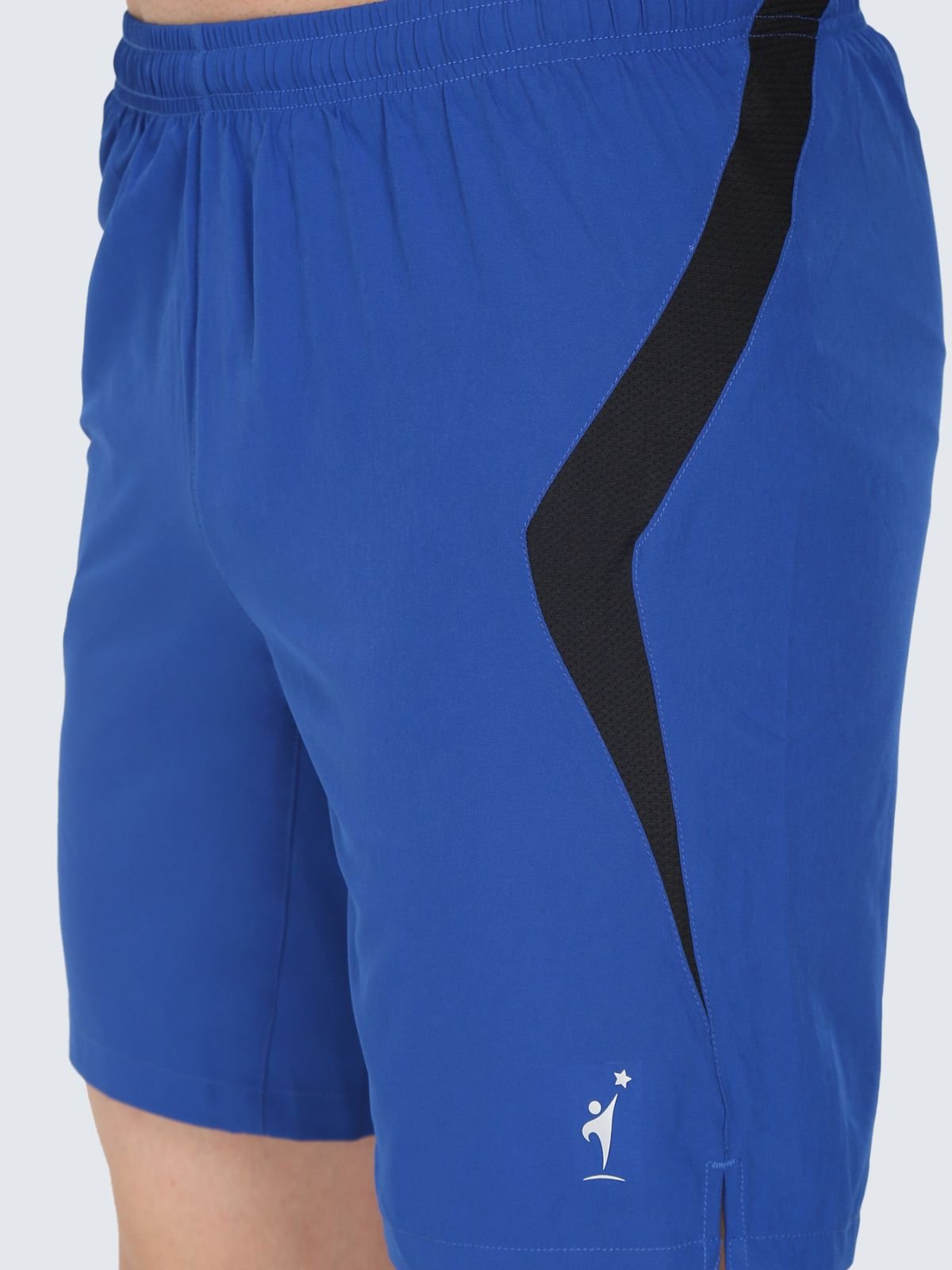 Close-up of side panel on royal blue Knitted Mesh shorts showing black mesh stripe and NDR SPORT logo