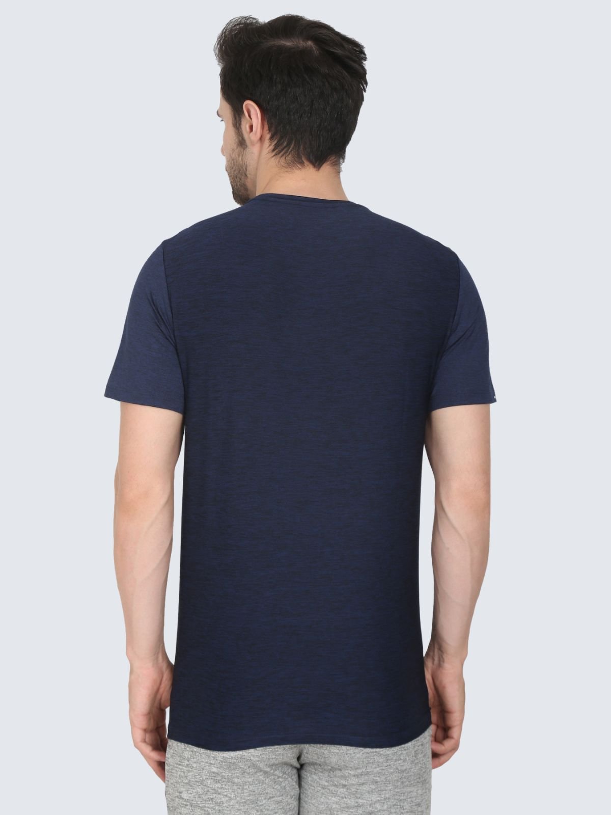 Men's navy crew-neck T-shirt with contrast side panels, back view
