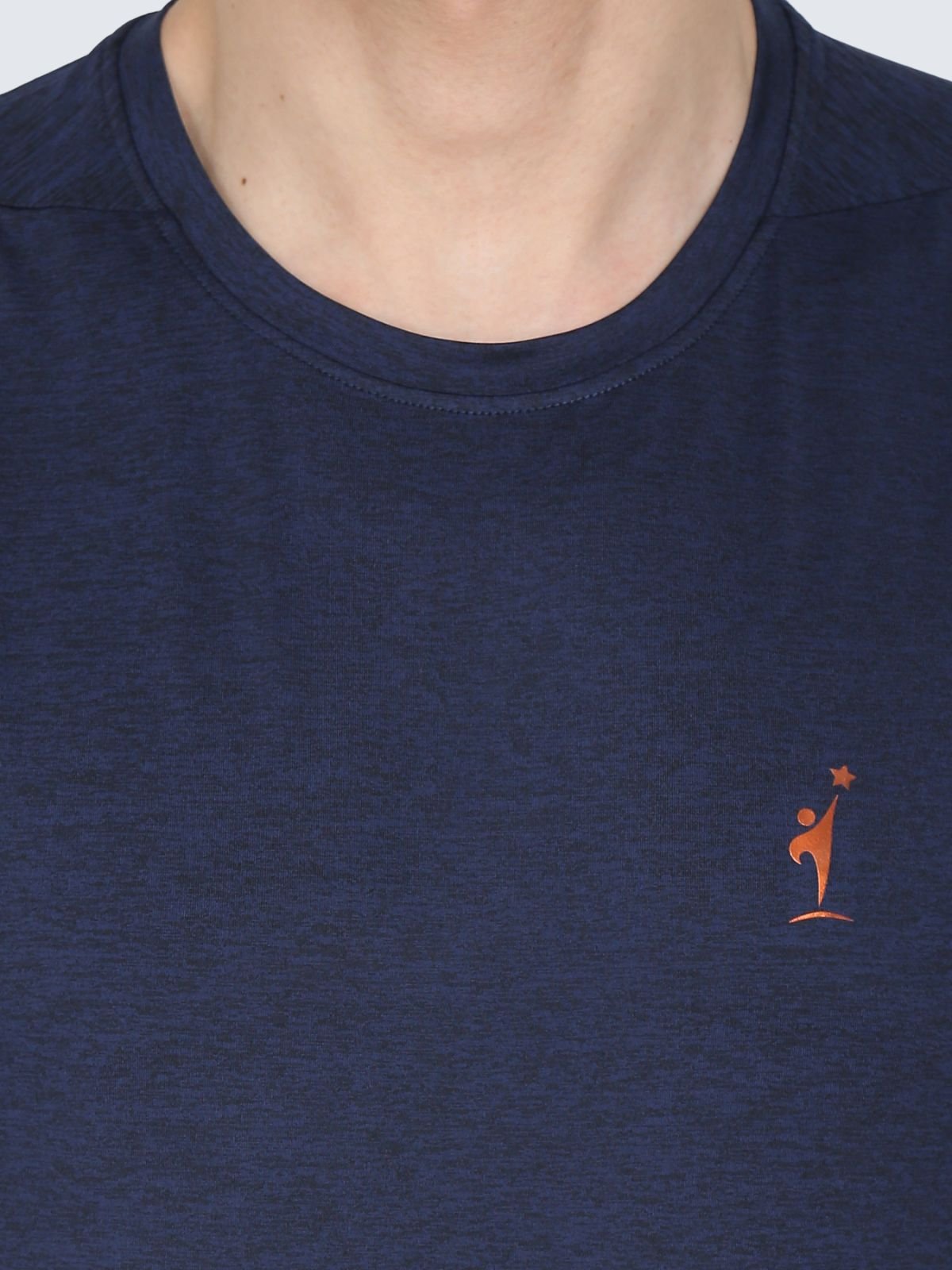 Close-up of chest logo on navy crew-neck T-shirt