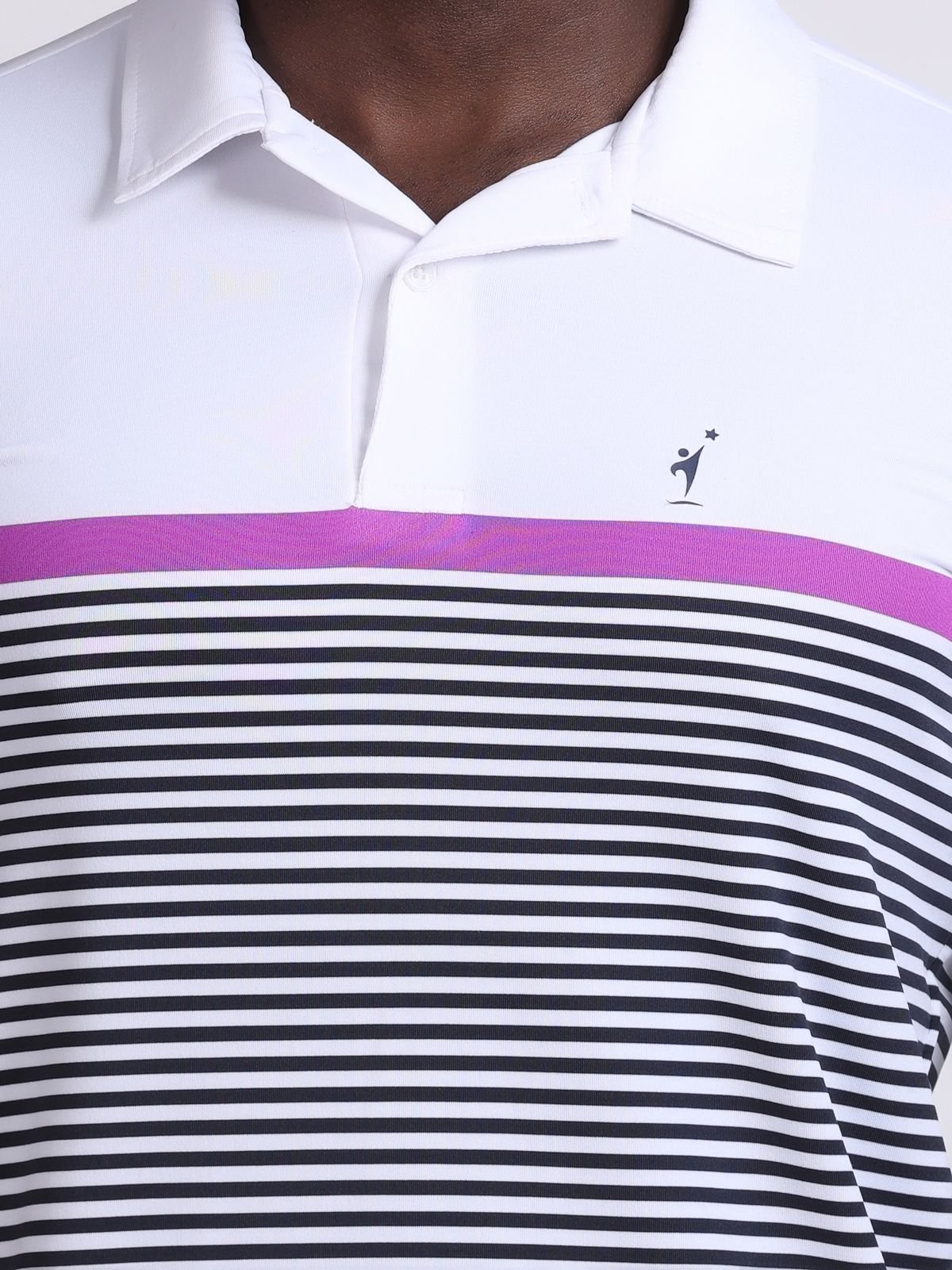 Close-up of white polo with black stripes and purple accent stripe across chest with NDR SPORT logo.