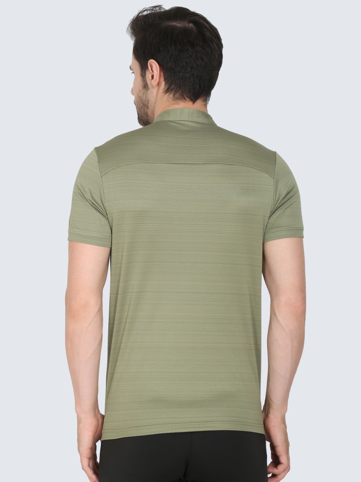 Men's olive half-zip textured athletic T-shirt, back view