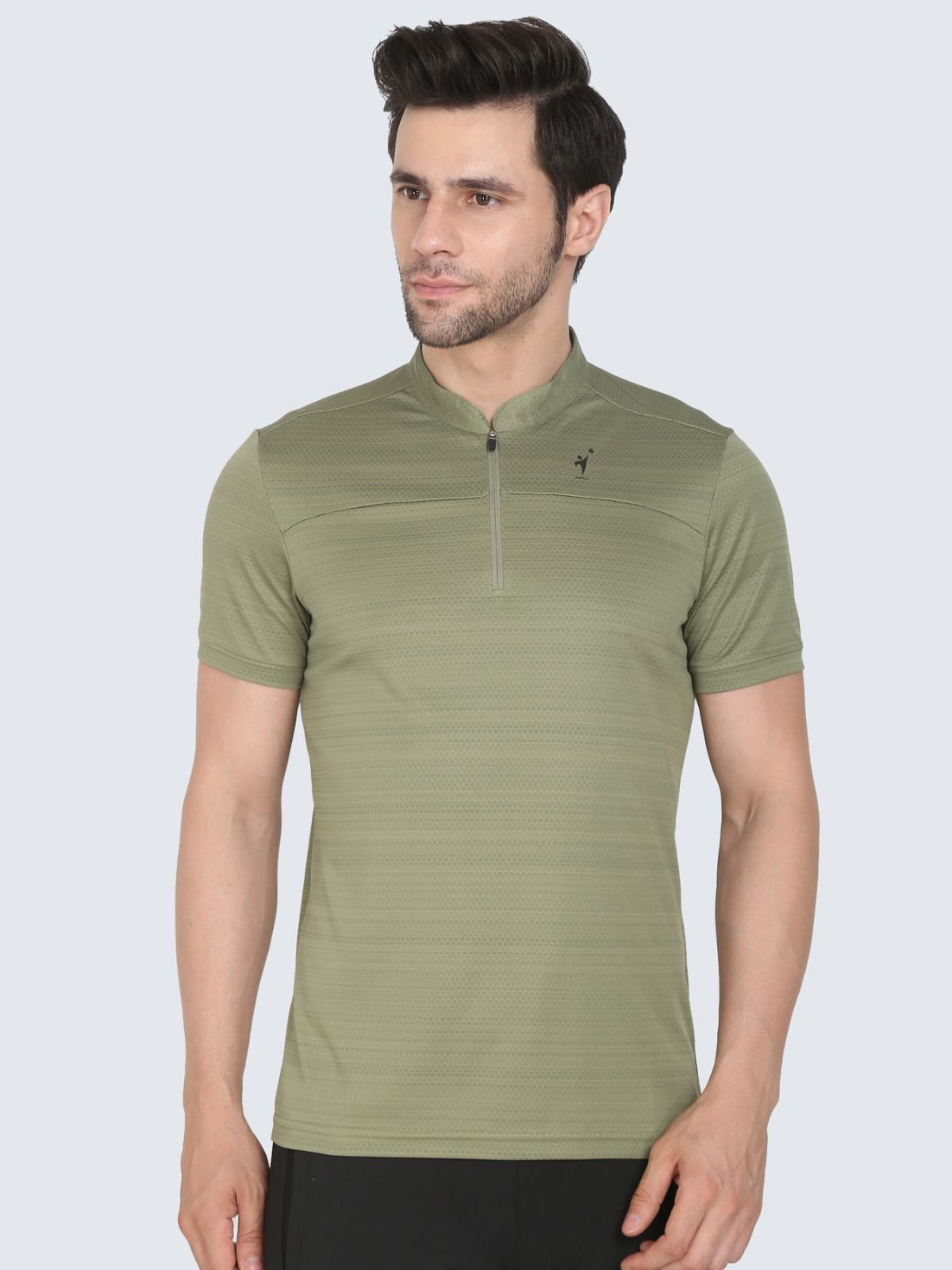 Men's olive half-zip textured athletic T-shirt, front view