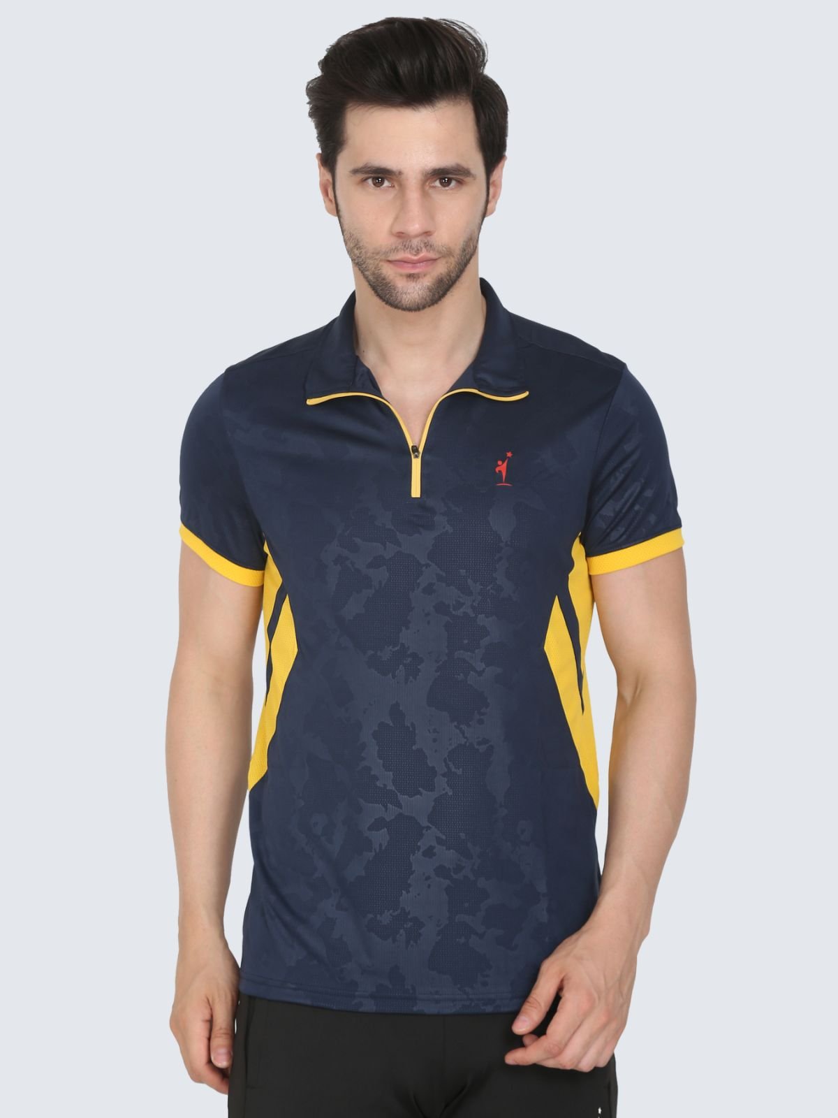 Men's navy athletic half-zip T-shirt with yellow accents, front view