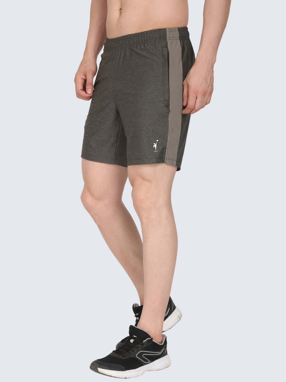 Three-quarter side view of olive Regular Strips shorts with darker side panel and NDR SPORT logo on a white background