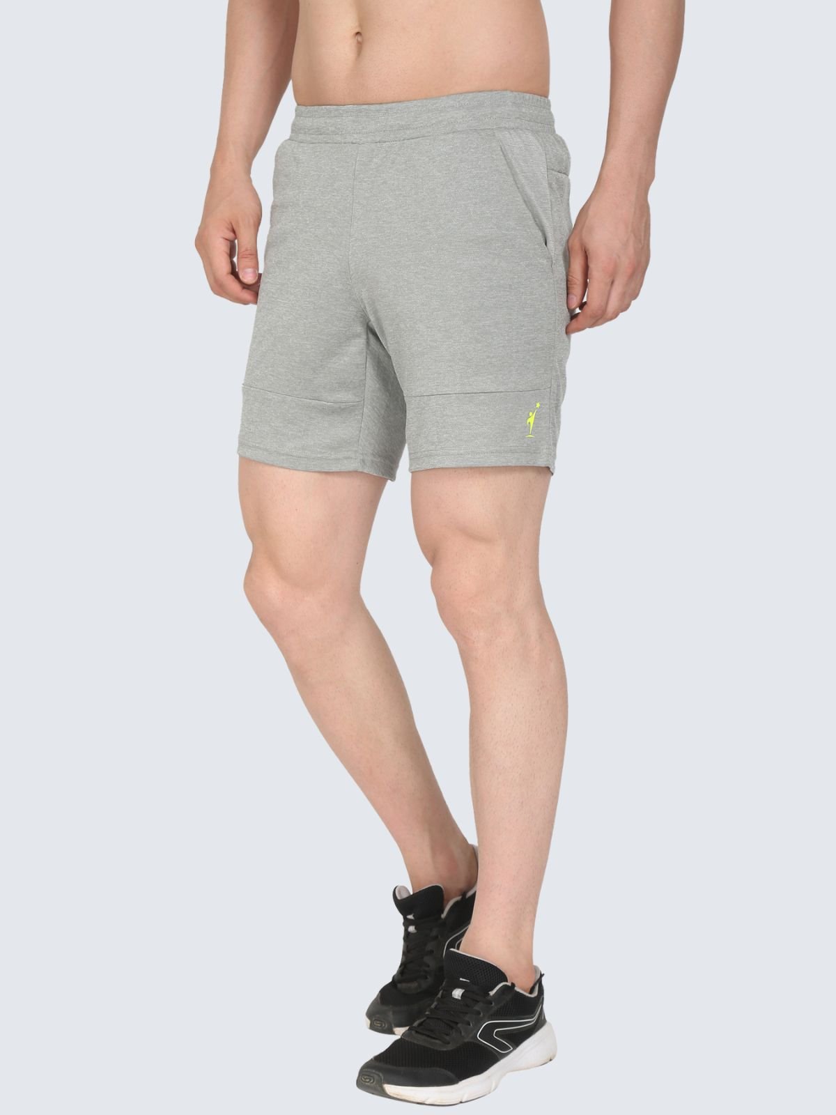 Three-quarter side view of heather grey Reversible shorts with NDR SPORT logo on a white background