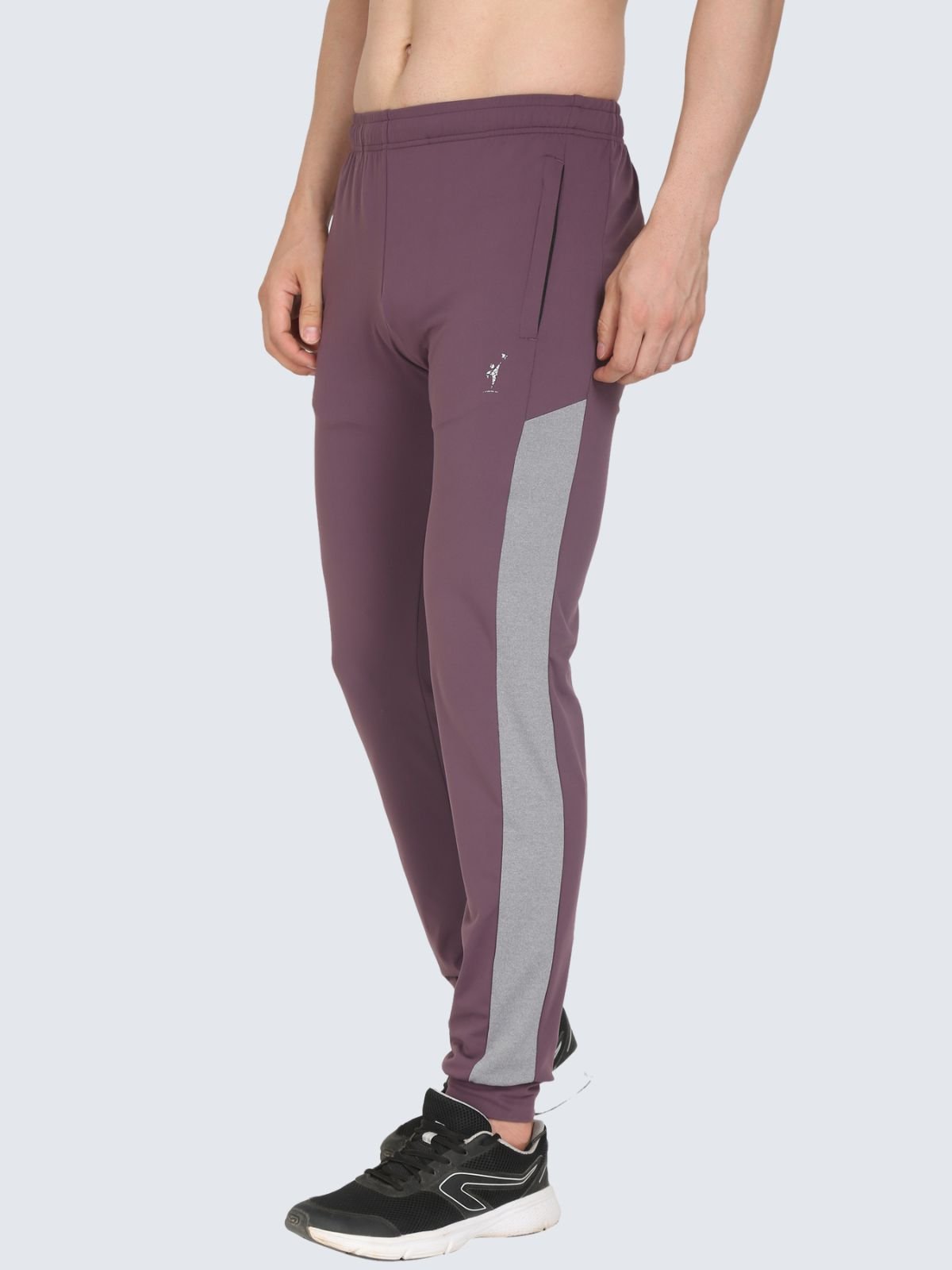 Purple athletic pants with gray stripes