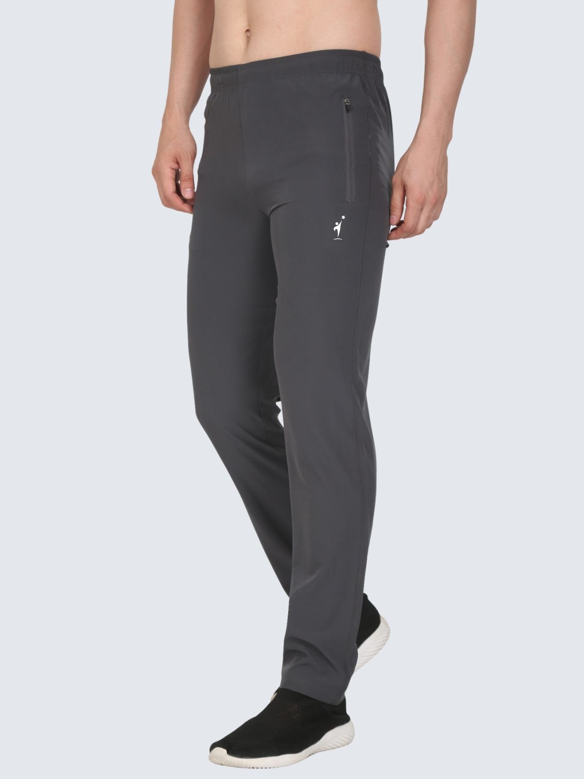 Three-quarter side view of Lite Plain charcoal grey athletic pants with NDR SPORT logo on a white background