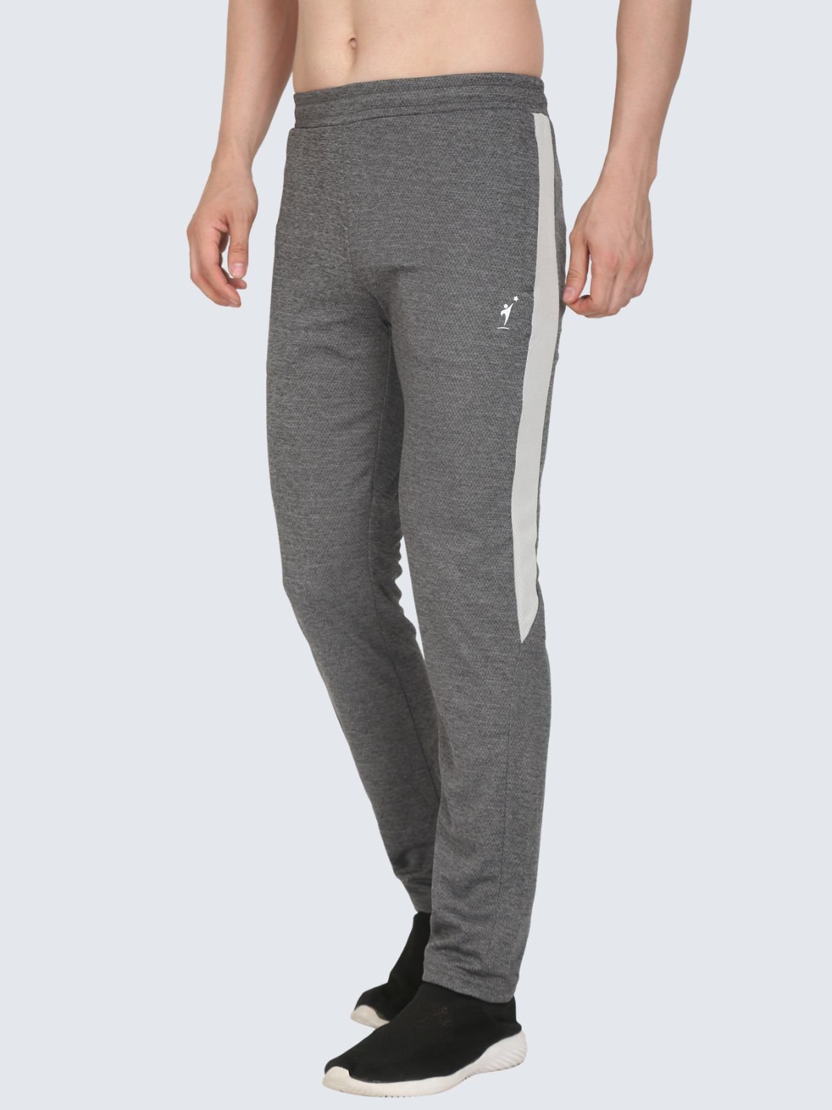 Three-quarter side view of Straight Strip heather grey athletic pants with light grey side stripe and NDR SPORT logo on a white background