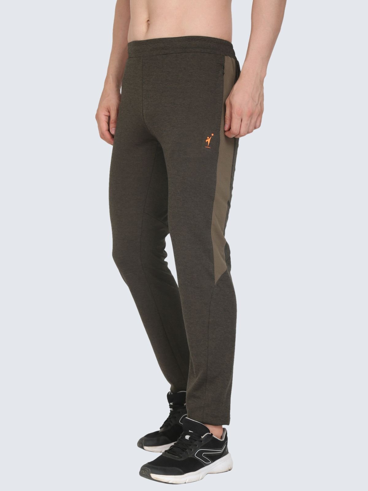 hree-quarter side view of Straight Strip Olive Green athletic pants with darker side panel and NDR SPORT logo on a white background