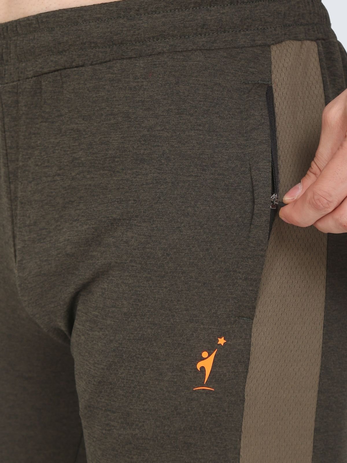 Close-up of zip pocket on Straight Strip Olive Green track pant with darker side panel and NDR SPORT logo