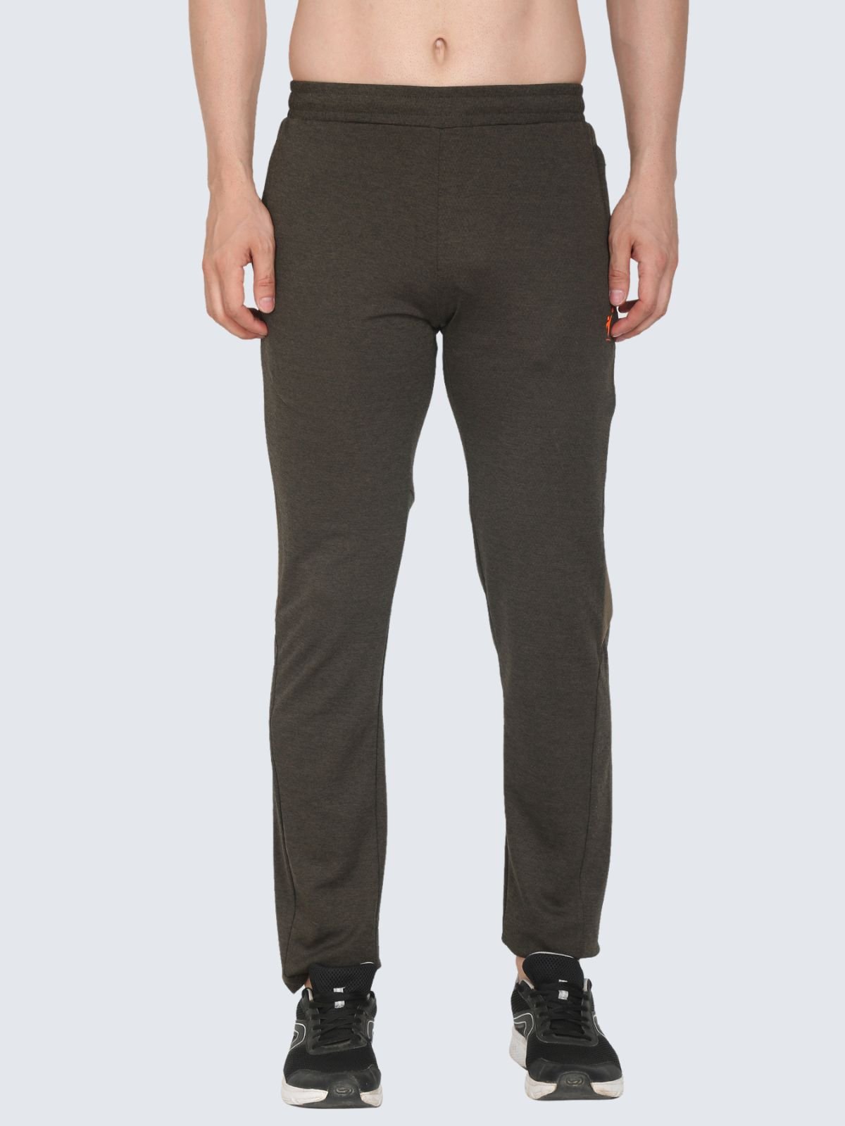 Front view of Straight Strip Olive Green athletic pants from waist to ankles on a white background